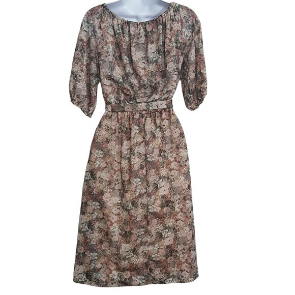 Eddys Vintage Womens Dress S Brown Floral Romantic Cottage Core Midi USA Tie Bel - Picture 4 of 7